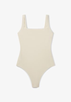 Costume intero beige con spalline larghe, scollo quadrato, gambe alte e tessuto liscio ed elastico per il massimo comfort.
