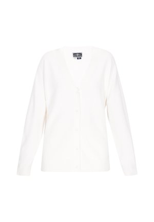White cardigan with a V-neck, long sleeves, and button closures. Made of soft fabric with a smooth texture, features a relaxed fit.