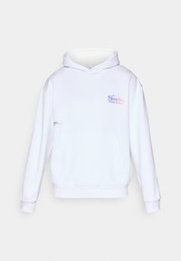 White hoodie with a front pocket, drawstring hood, and a colorful printed logo on the chest. Soft fabric with ribbed cuffs and hem.