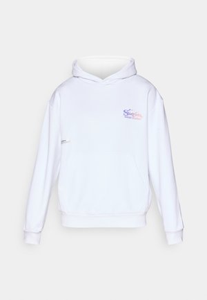 Sudadera blanca con bolsillo frontal, capucha con cordón y un logotipo impreso colorido en el pecho. Tejido suave con puños y dobladillo acanalados.