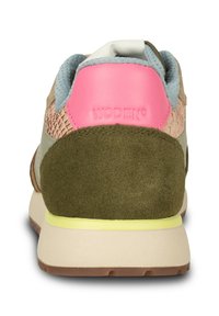Sneaker featuring a mix of beige, olive green, and light blue materials. Smooth, textured surfaces with a pink accent on the heel.