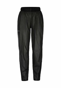 Zwarte sportbroek met elastische tailleband, taps toelopende benen en een subtiele logo op de bovenste linkerdij.