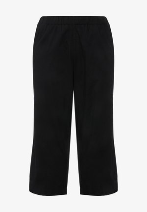 Schwarze, verkürzte Hosen mit einem elastischen Bund, gefertigt aus glattem Stoff. Verfügt über zwei Seitentaschen und ein lockeres Design.