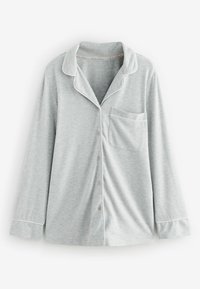 Harmaa pitkähihainen pyjaman paita pehmeää kangasta, jossa on viisto kaulus, nappi edessä, yksi rintatasku ja valkoiset nauhakoristeet.