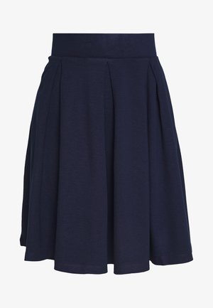 Gonna plissettata blu navy realizzata in tessuto morbido, con vita aderente e silhouette svasata. L'orlo è liscio senza decorazioni visibili.
