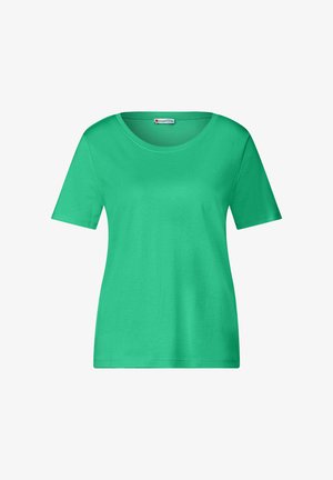 Grünes T-Shirt mit kurzen Ärmeln aus Baumwolle, mit Rundhalsausschnitt und lockerer Passform, weicher Textur und ohne auffällige Muster.