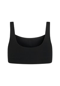 Mustast õmblusteta spordirinnahoidja laia rihmade ja sügava dekolteega, disainitud mugavuseks ja toestuseks.