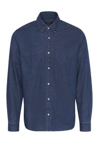 Camisa de mezclilla azul oscuro con botones, con un collar clásico, mangas largas y botones de tono plateado en el frente. Tejido suave y texturado.