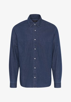 Tamno plavi traper košulja s dugim rukavima i klasičnim okovratnikom, sa srebrnim dugmadi sprijeda. Mekana, teksturirana tkanina.