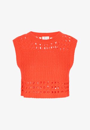 Korte mouwen, verkorte trui in feloranje. Heeft een textuur gebreid patroon met open gaten aan de onderkant. Ribbelkraag.