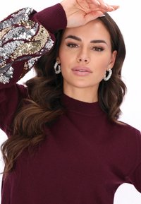 Bordeaux trui met gestructureerde hals en lange mouwen, versierd met gouden en zilveren sequins op de linkermouw. Sprankelende oorbellen met hoepels.