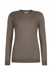 Brązowy sweter z długim rękawem, dzianinowy, z okrągłym dekoltem. Wykonany z miękkiego materiału, z prążkowanymi mankietami i dołem. Prosty, klasyczny design.