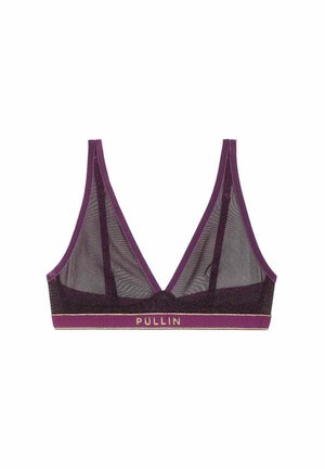 Soutien-gorge violet transparent avec fines bretelles et bande élastique au bas étiquetée "PULLIN" en texte doré sur fond blanc.