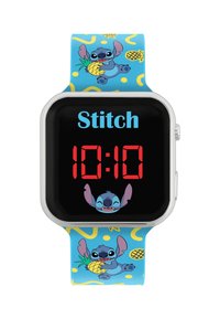 Orologio digitale con quadrante nero, cifre rosse che mostrano le 10:10, e un cinturino blu con Stitch che tiene un ananas e forme gialle astratte.