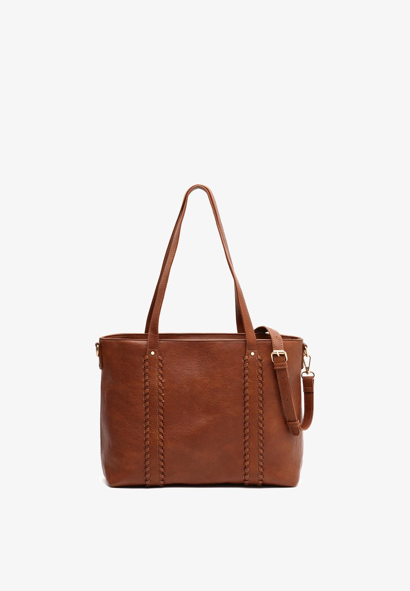 Pruun nahast kandekott kahe pika sangaga, eemaldatava õlarihma ja esiküljel dekoratiivse punutud õmblusega.