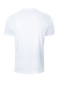 White, short-sleeve t-shirt with a crew neck. Smooth fabric with no visible patterns or accents. Rear view shows a simple, streamlined design.