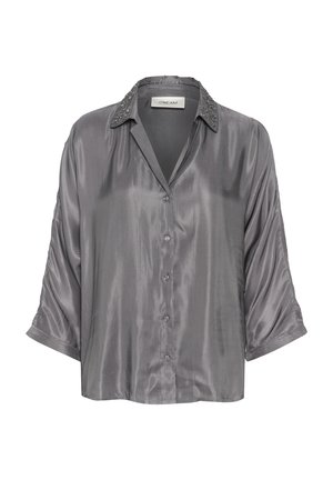 Graues Satinhemd mit Kragen, mit verzierenden Details am Kragen und einem lockeren Schnitt. Mit Knopfverschluss und kurzen, umgeschlagenen Ärmeln.