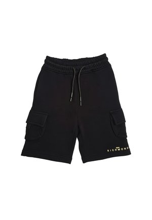 Pantaloncini cargo neri con vita elastica e coulisse, due tasche laterali a patta e piccolo logo giallo "John Richmond" sulla gamba sinistra.
