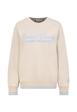Helles beiges Sweatshirt mit blauer Stickerei 03Cocktail Society LEISURE & PLEASURE03. Gerippte Bündchen mit blauen Streifen. Weiche Textur.