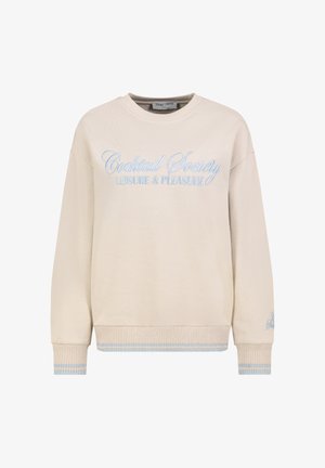 Helles beiges Sweatshirt mit blauer Stickerei 03Cocktail Society LEISURE & PLEASURE03. Gerippte Bündchen mit blauen Streifen. Weiche Textur.