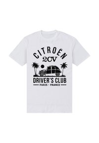 Bílý bavlněný tričko s černou grafikou Citroënu 2CV a palmami. Text zní "CITROËN 2CV ŘIDIČSKÝ KLUB PARÍŽ FRANCOUZI."
