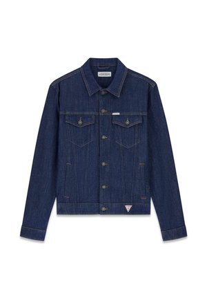 Tumesinise teksariidest jakk, millel on ees nööbid, kaks rinnataskut klapiga, küljetaskud ja brändi kolmnurkne logo ääre lähedal.