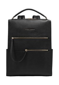 Schwarzer Leder-Rucksack mit strukturiertem Design, ausgestattet mit goldenen Reißverschlüssen und Akzenten, zwei oberen Tragegriffen und zwei vorderen Reißverschlusstaschen.