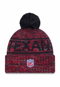 Red and black knit beanie with a pom-pom on top, featuring a contrasting "NFL" logo patch and a textured, patterned weave.