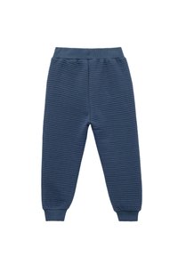 Marineblå strikkede bukser med en struktureret ribbet design. Har en elastisk talje og manchetter ved anklerne. Blødt materiale for komfort.