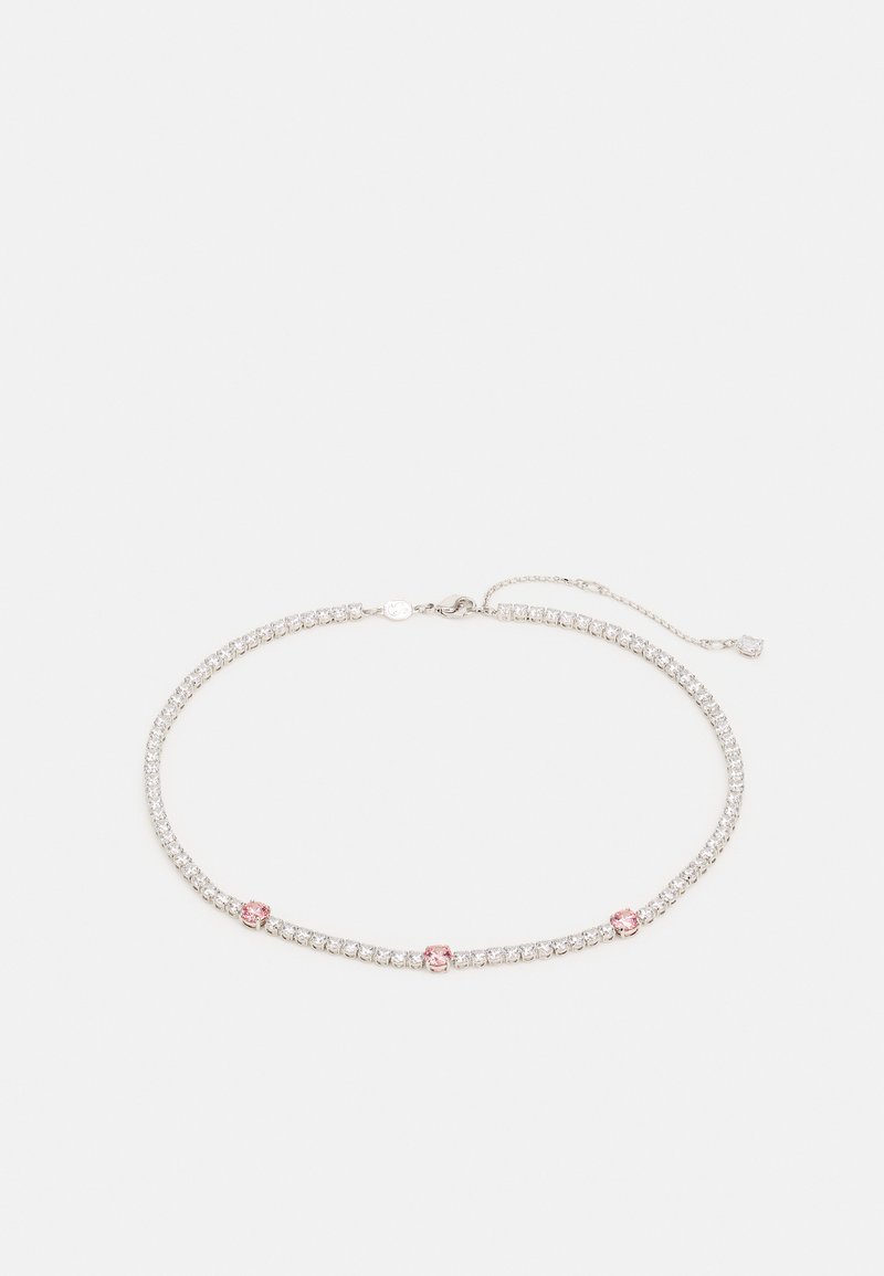 Strieborný tónový náhrdelník s malými ružovými kryštálmi a clear rhinestone v jemnom prepojenom dizajne s uzáverom na karabínku.