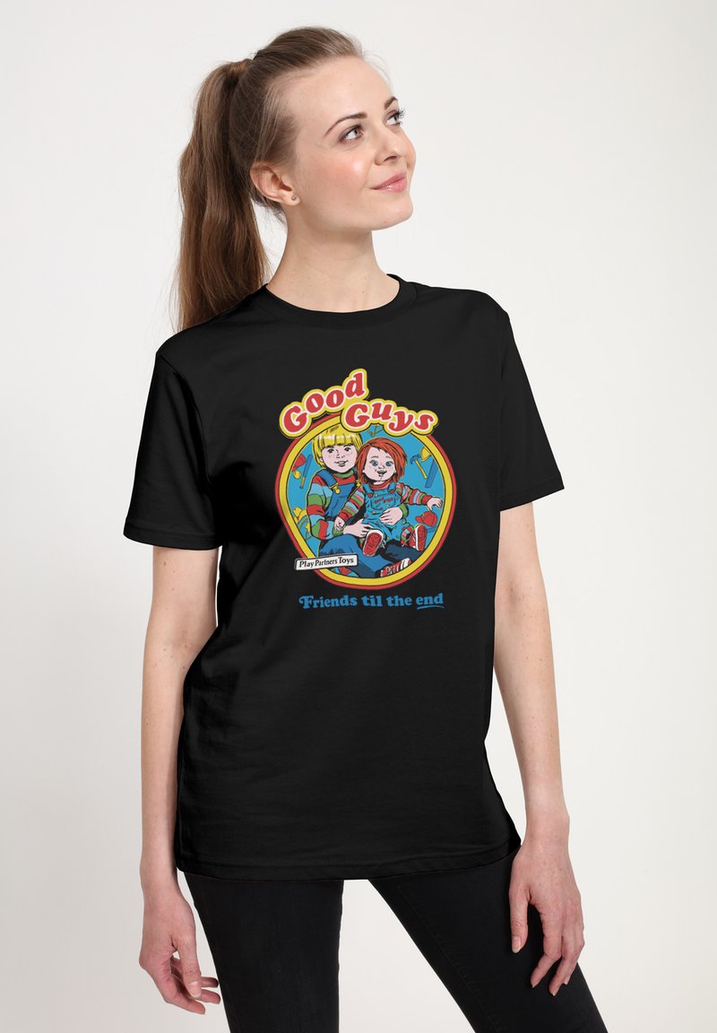 Schwarzes Baumwoll-T-Shirt mit einem bunten Grafikdesign von zwei Cartoon-Charakteren und dem Text "Gute Typen" und "Freunde bis zum Ende."