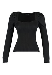 Černý top s dlouhým rukávem, žebrovanou texturou, čtvercovým výstřihem a nafouklými rameny, vyrobený z elastické látky pro přiléhavý střih.