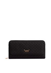 Black quilted wallet with a gold logo accent, featuring a rectangular shape and a textured finish. Zip closure at the side for security.