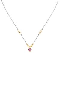 Collana in argento con accenti in oro e un pendente a forma di cuore in pietra rosa, che mette in risalto una combinazione di texture e materiali.