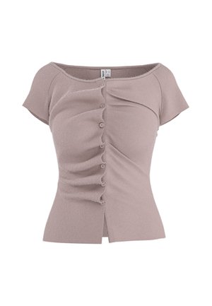 Kortærmet mauve striktop med off-shoulder halsudskæring og lodret knaplukning foran med rynkede detaljer på den ene side.