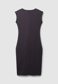 Dunkellila, figurbetontes Kleid mit kurzärmeligen Kapuzen, glatter Textur, knielang, mit einer mittleren Naht und einem kleinen Schlitz hinten.