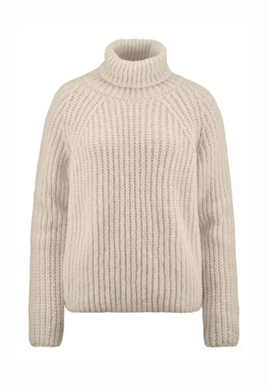 Flauschiger Turtleneck-Pullover aus geripptem Strickstoff. Verfügt über eine lockere Passform und Raglanärmel, mit einem dicken, strukturierten Erscheinungsbild.