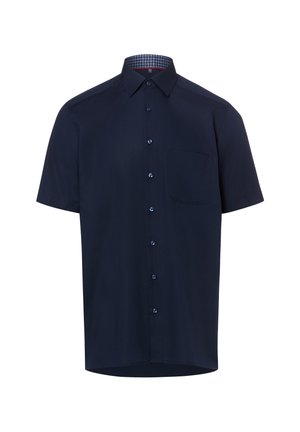Chemise bleu marine à manches courtes, boutonnée, avec poche poitrine et col intérieur à motif.