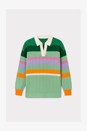 Jersey de punto verde con rayas horizontales en rosa, morado, naranja y crema; presenta un cuello con solapa y puños acanalados.