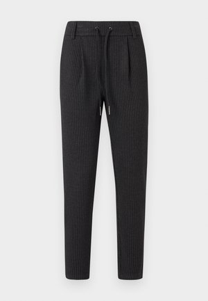 Pantalons gris foncé avec un motif à rayures, dotés d'une taille à cordon, d'un devant plissé et de jambes fuselées. Fabriqués en tissu tissé.
