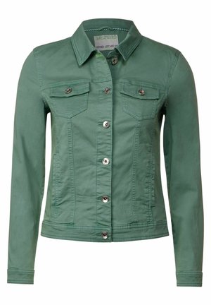 Veste en denim verte à manches longues, fermeture boutonnée à l'avant, deux poches poitrine à rabat et un col classique.