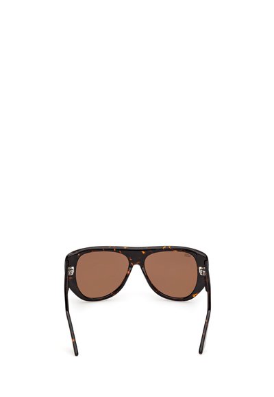 Gafas de sol con montura de carey y lentes marrones tintados, presentadas de frente sobre un fondo blanco.