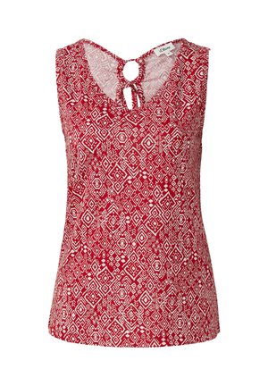 Haut sans manches à motif rouge avec un col rond, un détail en trou de serrure au dos et des motifs géométriques blancs sur l'ensemble. Matière en mélange de coton.