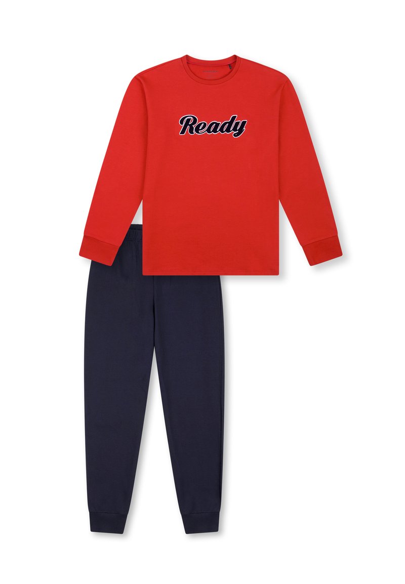 Chemise longue à manches longues en coton rouge avec le texte "Prêt" en marine, associée à un pantalon de jogging en coton marine dotée d'une taille élastique et de poignets élastiques.