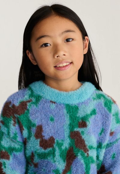 Jeune fille aux longs cheveux noirs portant un pull duveteux multicolore aux nuances de bleu, vert et marron, souriant doucement.