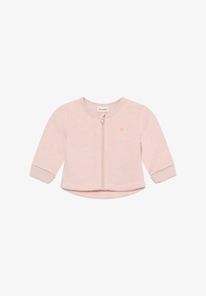 Giacca rosa chiaro con cerniera, realizzata in tessuto morbido. Presenta maniche lunghe, polsini a costine e un piccolo dettaglio logo sulla parte anteriore. Texture liscia.