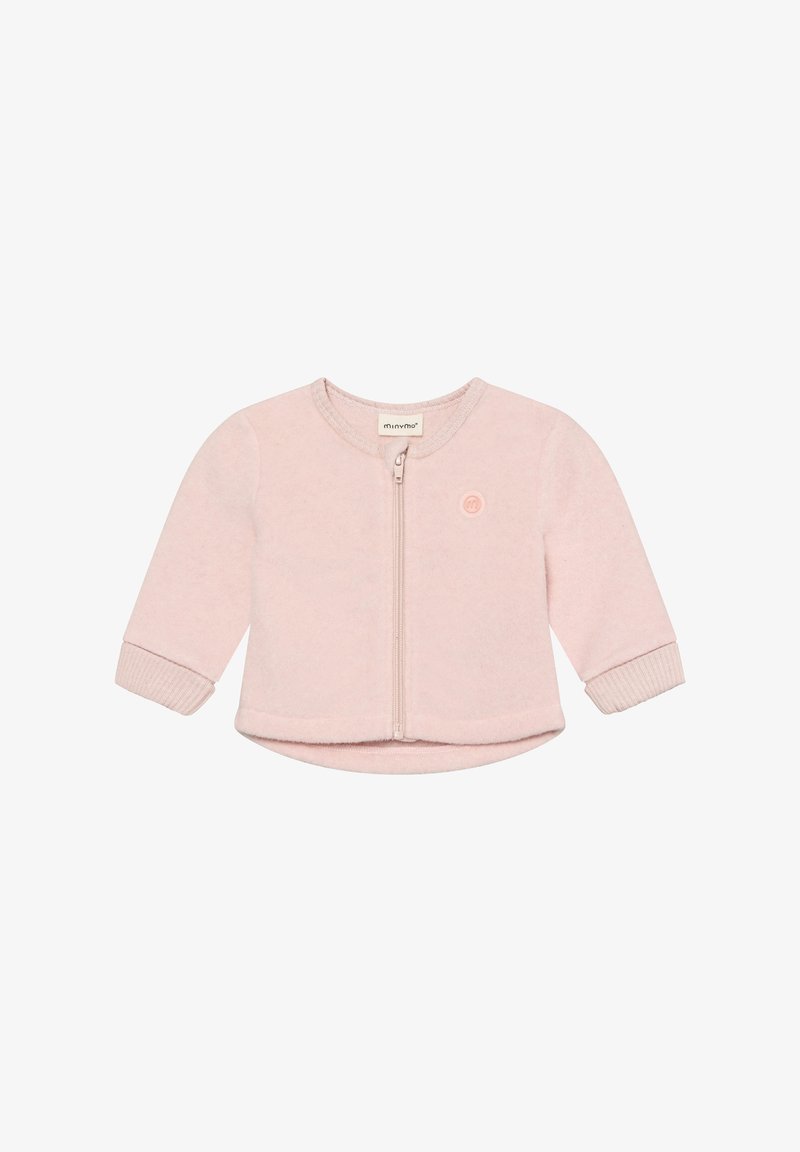 Veste zippée rose clair en tissu doux. Comprend des manches longues, des poignets côtelés et un petit détail de logo à l'avant. Texture lisse.