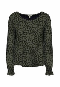Blouse à manches longues vert olive avec imprimé floral et feuillage noir, col rond et poignets légèrement froncés, vue de face.