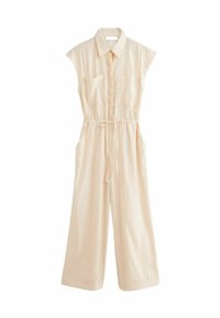 Combinaison légère beige clair avec un col, manches courtes, deux poches sur la poitrine, taille cintrée et jambes larges. Fabriquée en tissu doux.