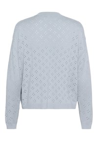 Pull en laine bleu clair avec un motif ajouré. Doté d'un col rond et de manches longues ; finition texturée avec des motifs en losange sur l'ensemble.